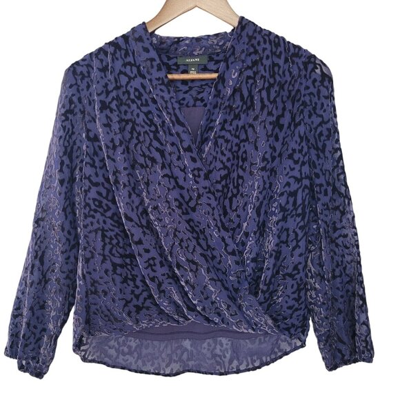 Alfani Velvet Sheer Draped Blouse Top Womens Size PM Purple Black Long Sleeve - Picture 1 of 11